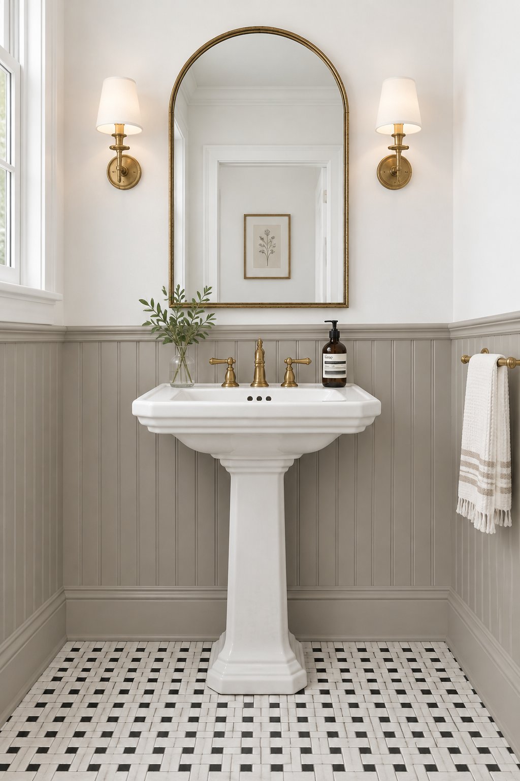 A bathroom with paneled lower walls, white upper walls, brass sconces, an arched mirror, and patterned tile flooring.