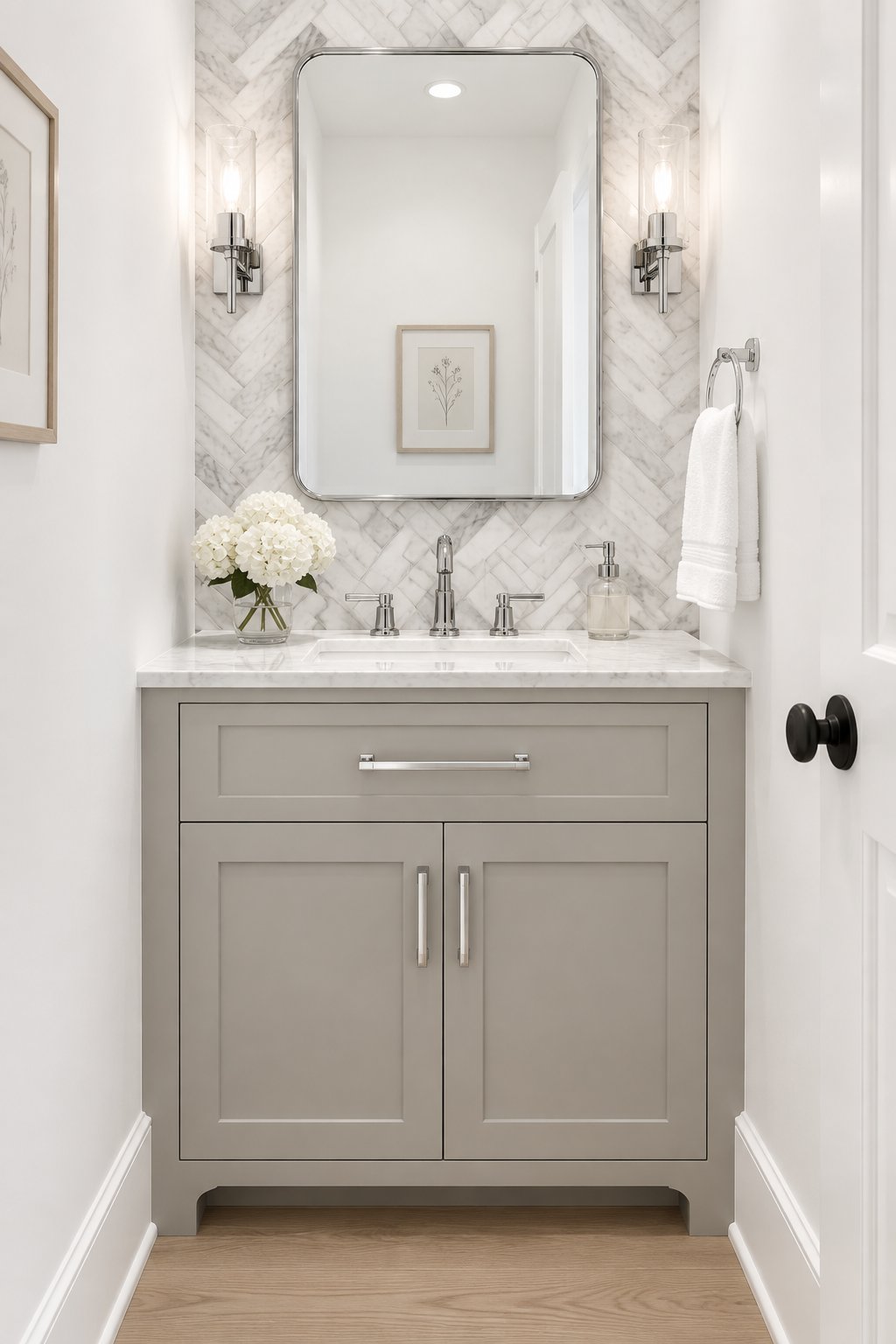 A compact bright powder room with a gray sink vanity, white walls, marble backsplash, and chrome fixtures.