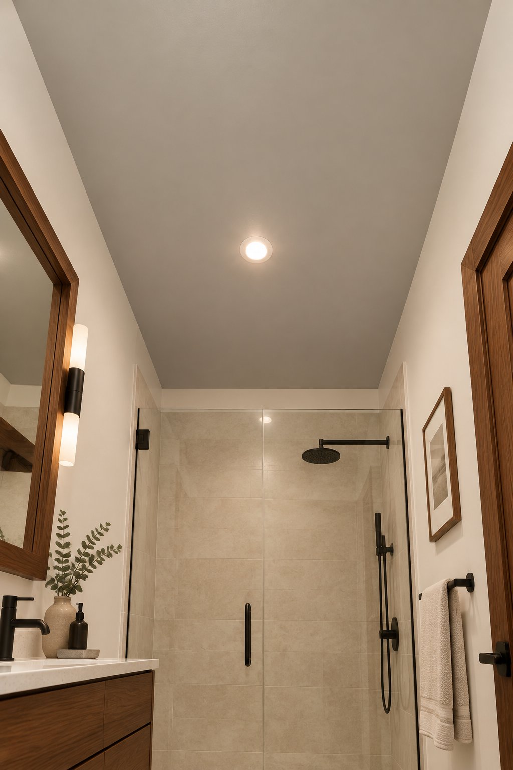 A modern bathroom viewed upward toward a warm gray ceiling, with off-white walls, walnut accents, and black fixtures.