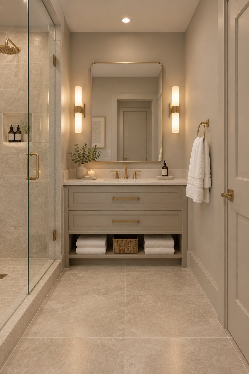 A luxurious modern bathroom with warm grey walls, textured floor tiles, white towels, brass towel rings, and soft lighting.