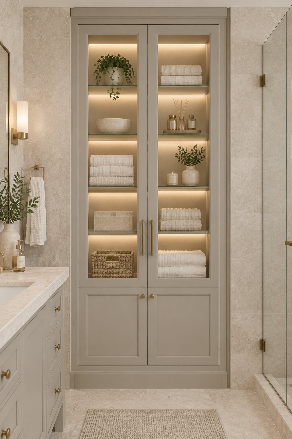 A sophisticated bathroom with floor-to-ceiling built-in linen cabinets, limestone walls, and illuminated glass shelves.