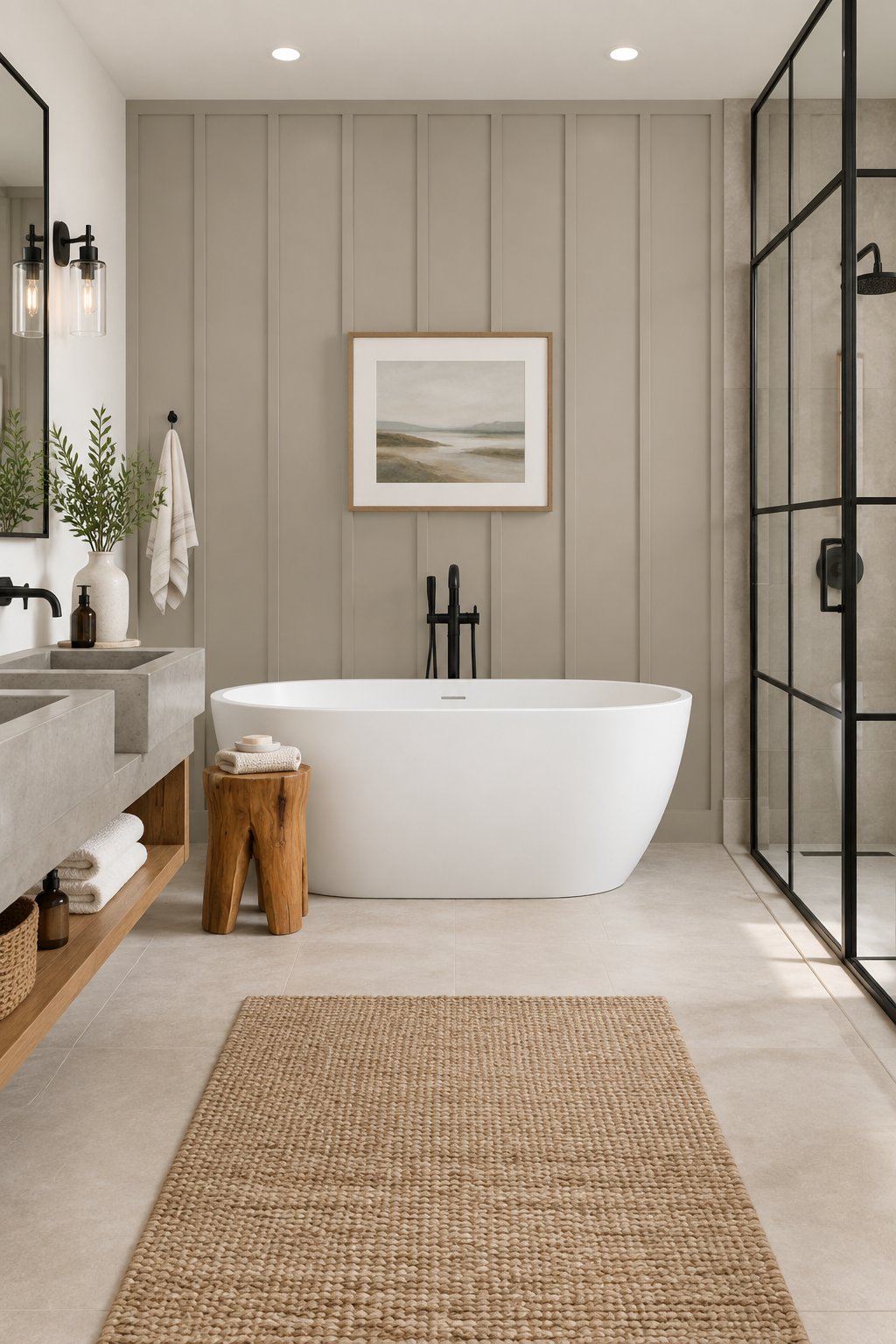 A contemporary bathroom with a freestanding white tub, paneled warm gray wall, black-framed glass shower, concrete sinks, and a wooden stool.