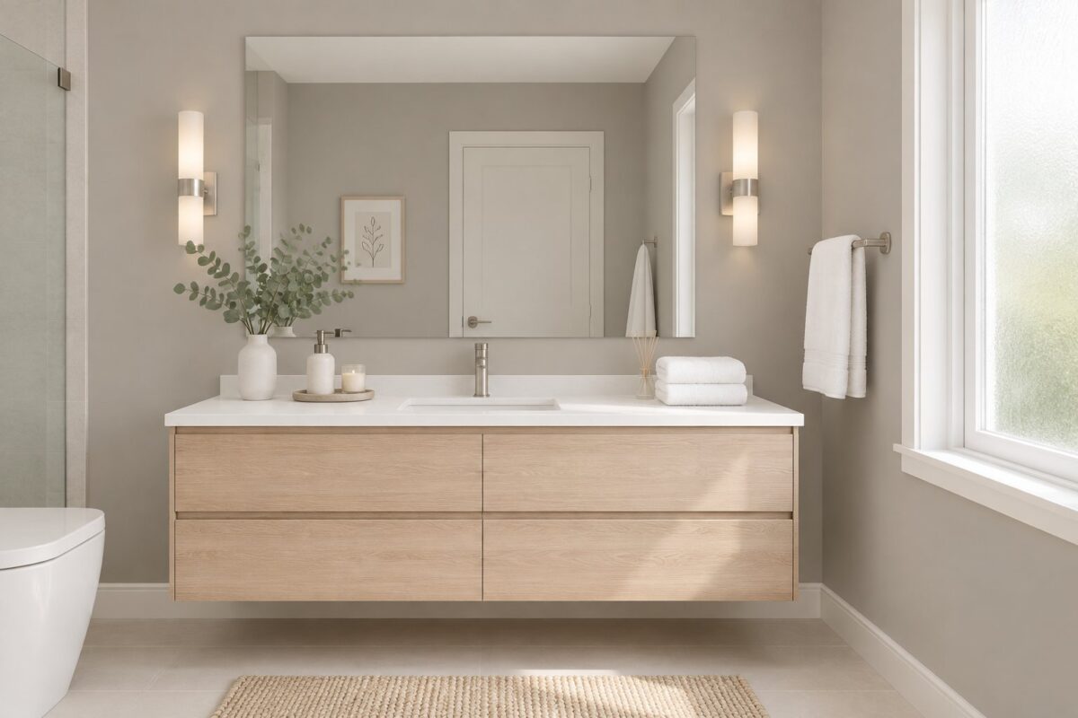 A bright bathroom with warm grey walls, a floating wood vanity, a large frameless mirror, white towels, and natural light.