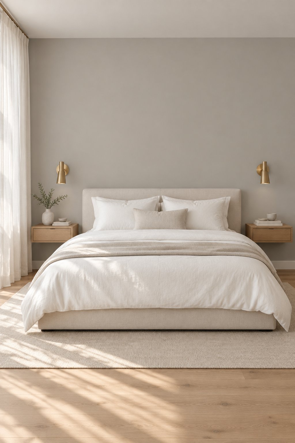 A minimalist bedroom with a low bed, white bedding, oak flooring, neutral walls, and soft daylight through curtains.