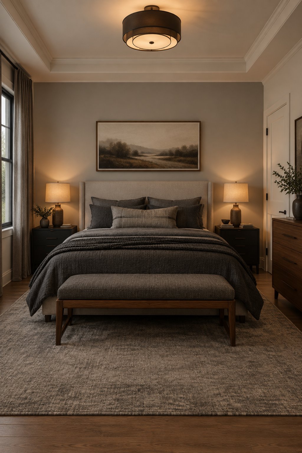 A bedroom with a bed against a neutral accent wall, dark nightstands, wooden furniture, gray bedding, and a glowing table lamp.