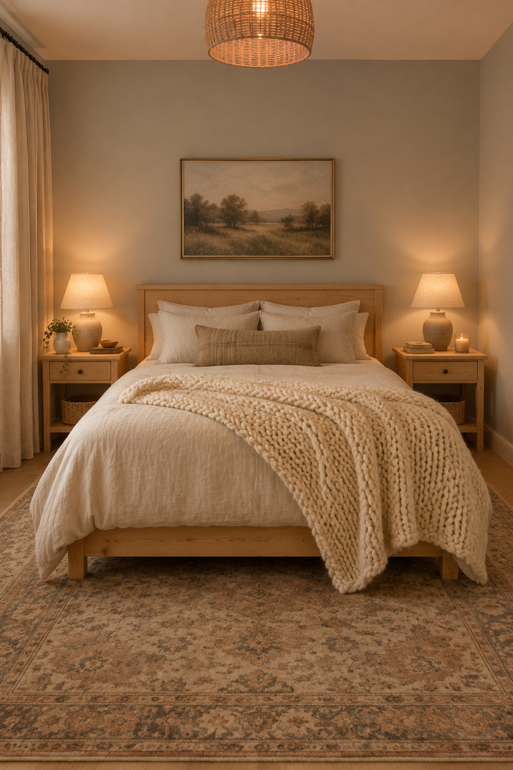 A cozy bedroom with neutral walls, soft textiles, wooden furniture, and warm evening light.