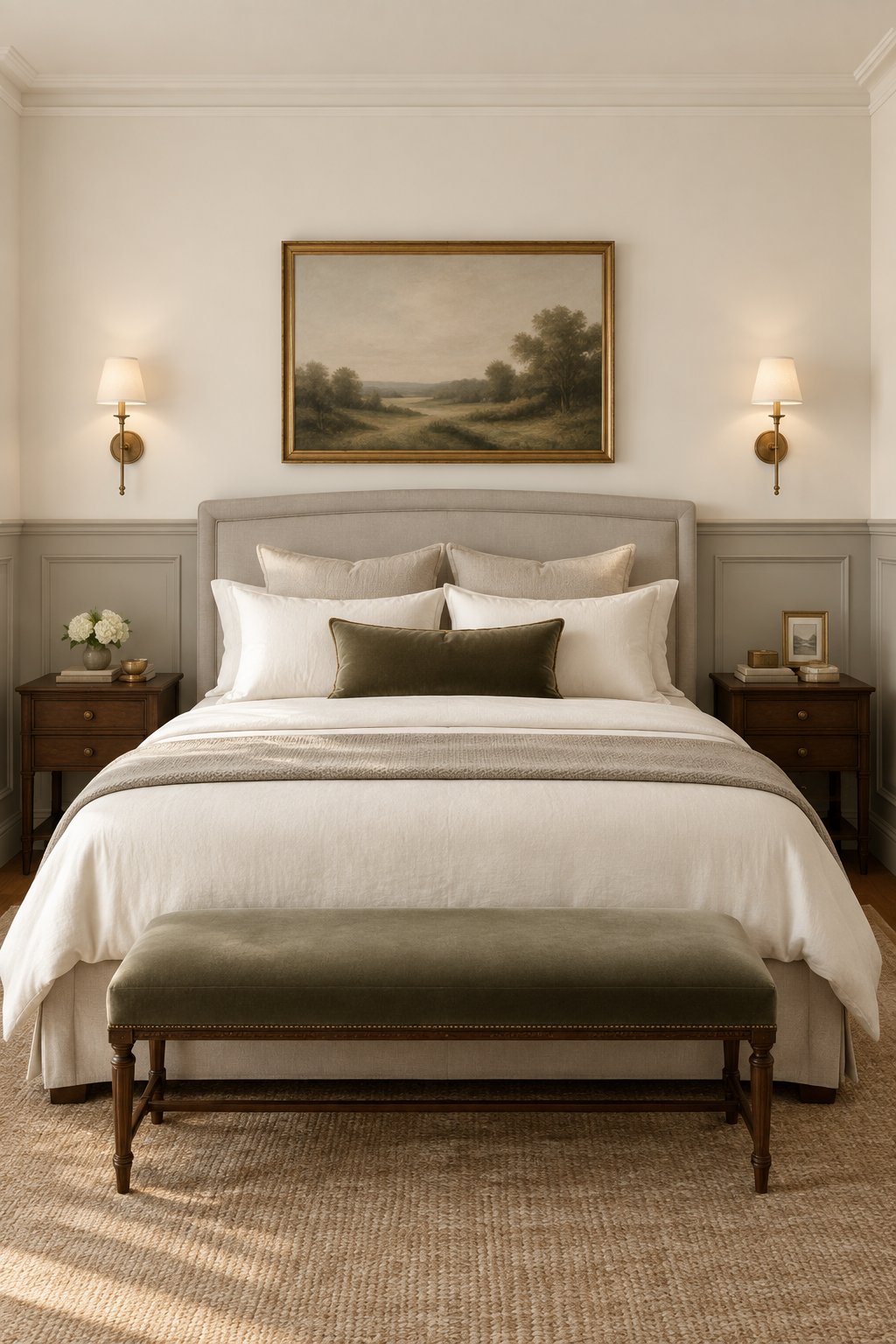 A traditional bedroom with paneled walls, a bed, wall sconces, and a bench at the foot.