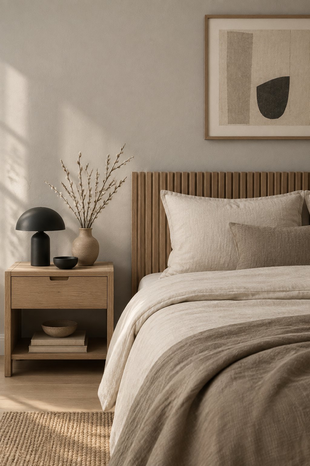 A calm bedroom with a wood headboard, neutral bedding, pottery, and soft morning light.