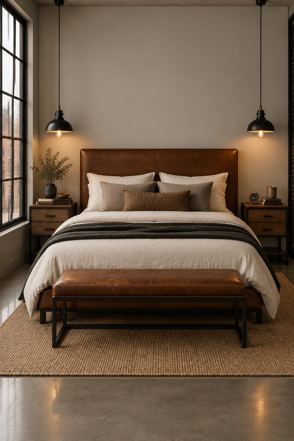 A bedroom with gray-beige walls, concrete flooring, black-framed windows, a brown leather headboard, and hanging lights.