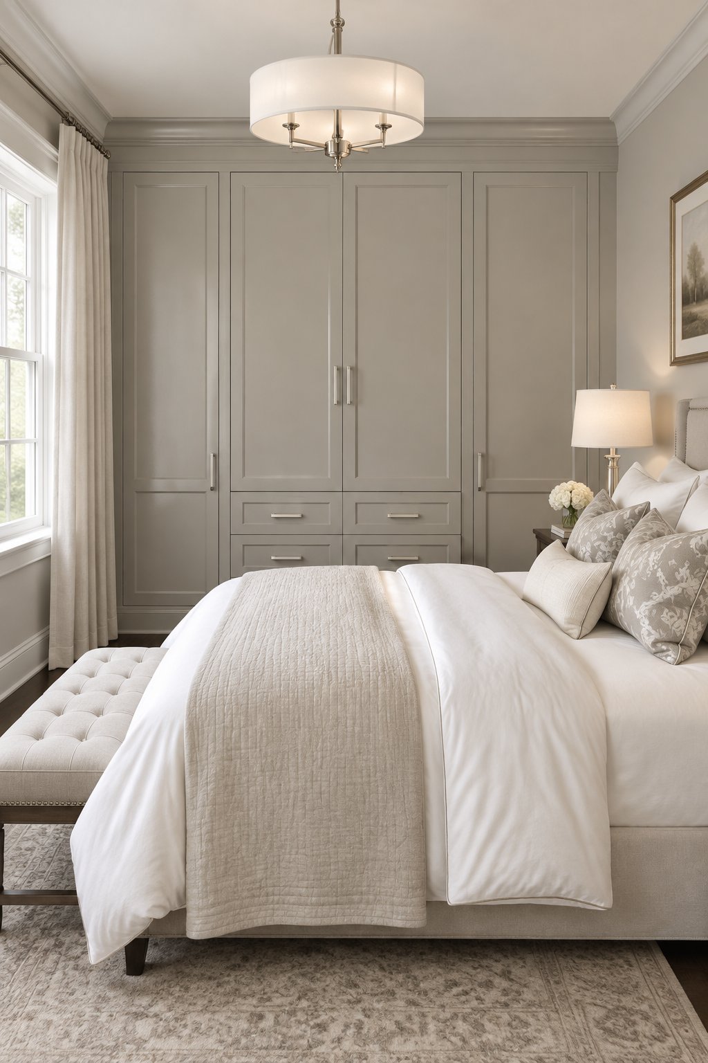 A bedroom with built-in cabinetry, a bed, and decorative pillows.