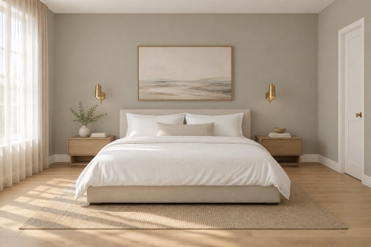 A bedroom with a low platform bed, white bedding, light wood flooring, wall sconces, and daylight through sheer curtains.