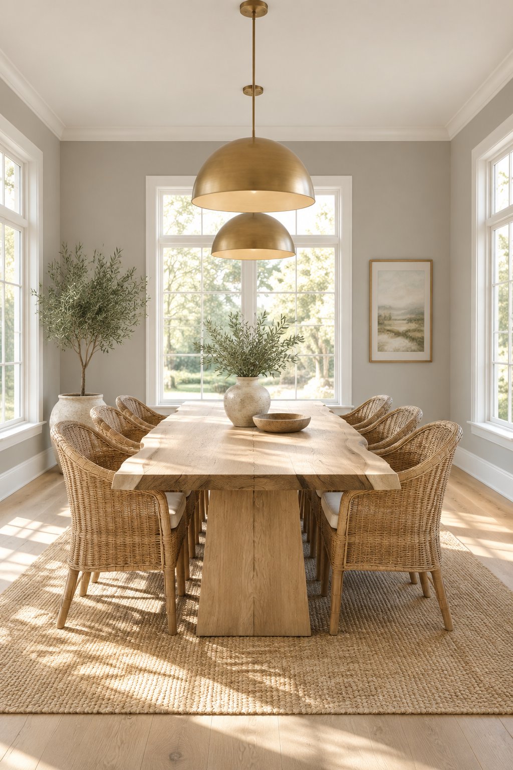 A bright dining room with a wooden table, woven chairs, pendant lights, large windows, and a neutral rug.