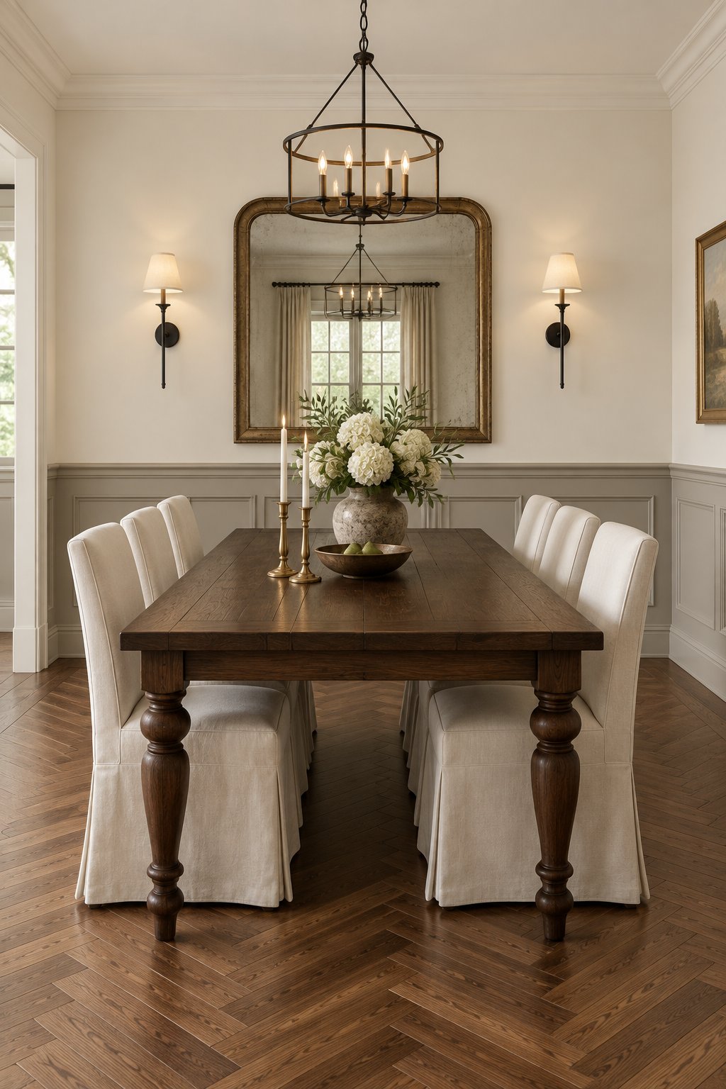 A dining room with paneled walls, a table and chairs, wall sconces, a mirror, and a wood floor.