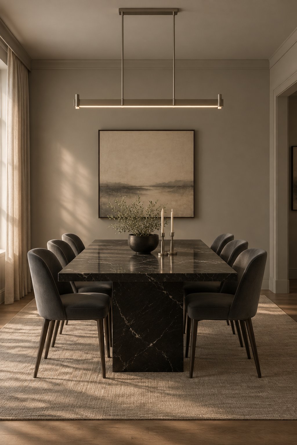 A dining room with gray walls, a black table, charcoal chairs, and a linear ceiling light.