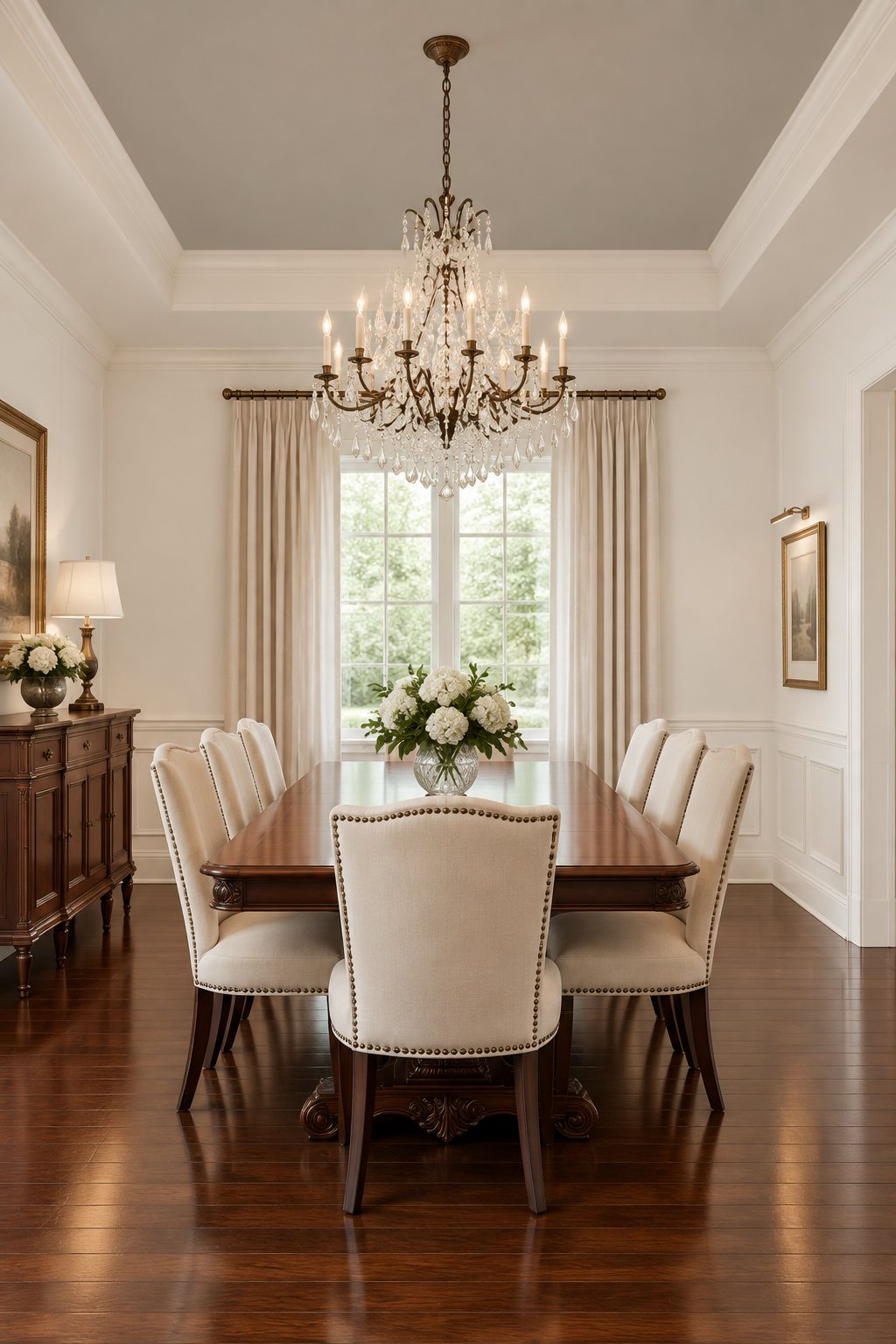 A dining room with a mahogany table, upholstered chairs, a crystal chandelier, and a painted tray ceiling.