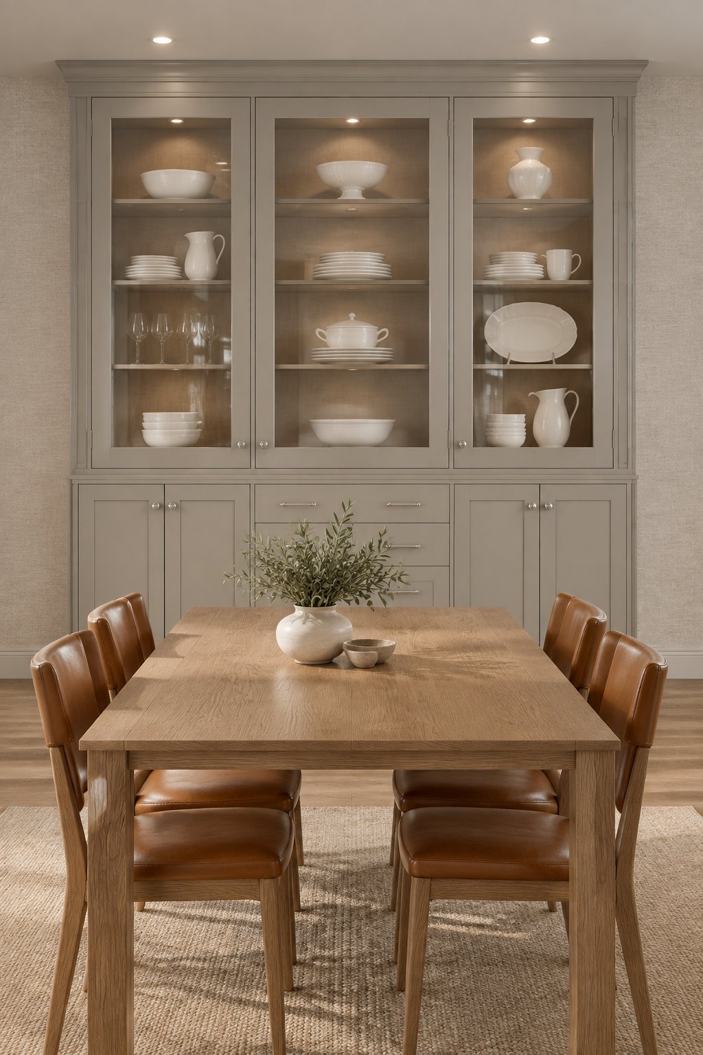 A dining room with a built-in buffet, glass-front cabinets displaying white dishes, and a caramel leather and oak dining set.