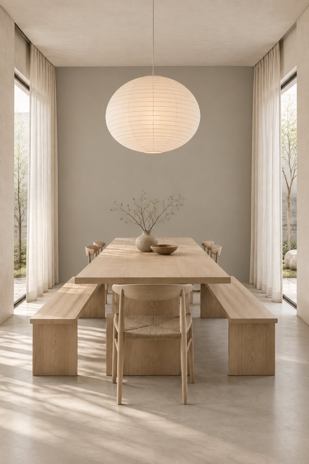 A quiet dining room with a wooden table, simple seating, soft curtains, and a courtyard view.