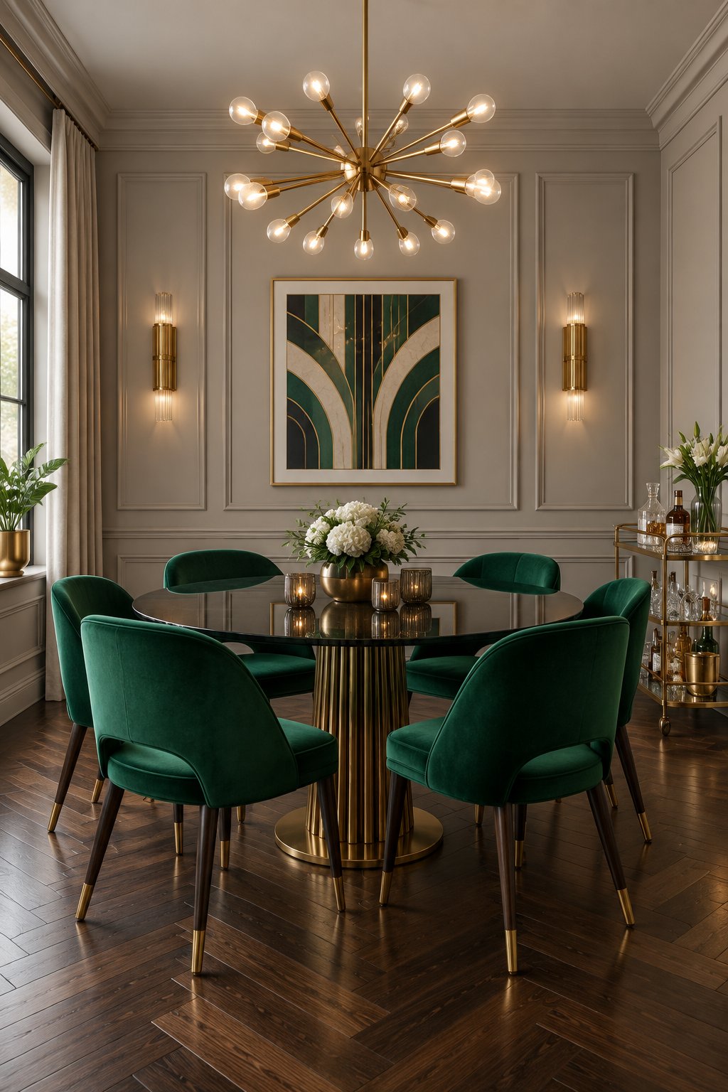 An elegant dining room with a round table, green chairs, wall moulding, a bar cart, a chandelier, and dark parquet flooring.