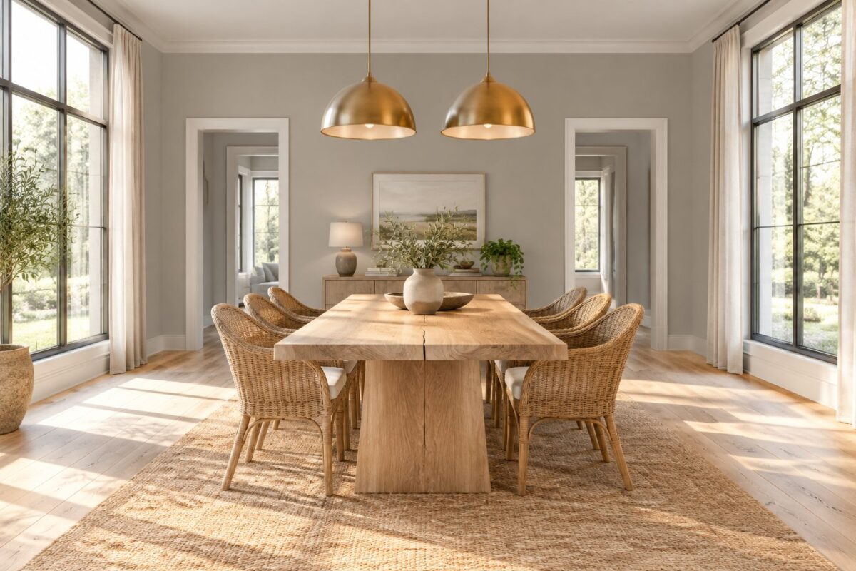 A sunlit dining room with a wooden table, woven chairs, pendant lights, large windows, and a neutral rug.
