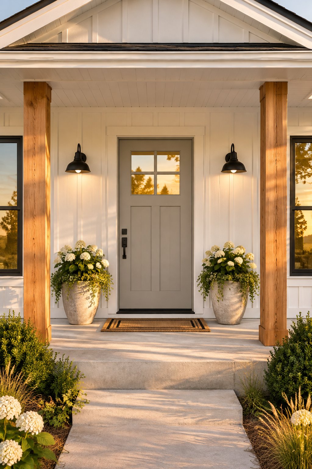 A farmhouse front porch with a grey door, white siding, cedar posts, black lights, and a doormat.