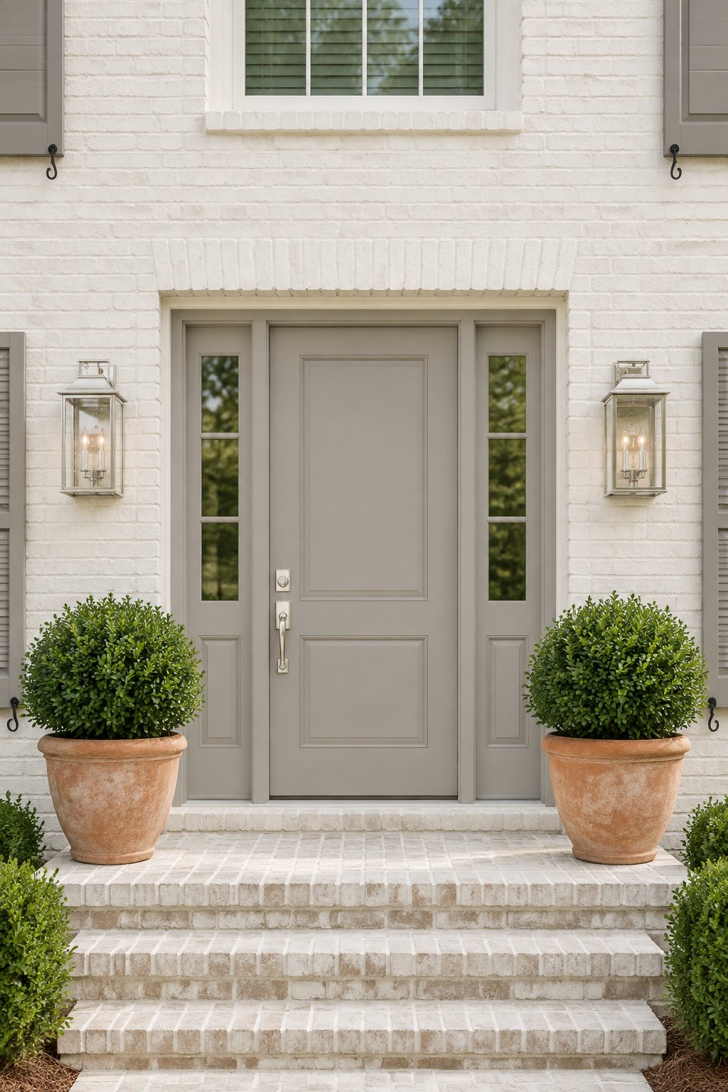 A suburban home facade with an off-white brick exterior, a gray front door, a brick stoop, and planters with green shrubs.