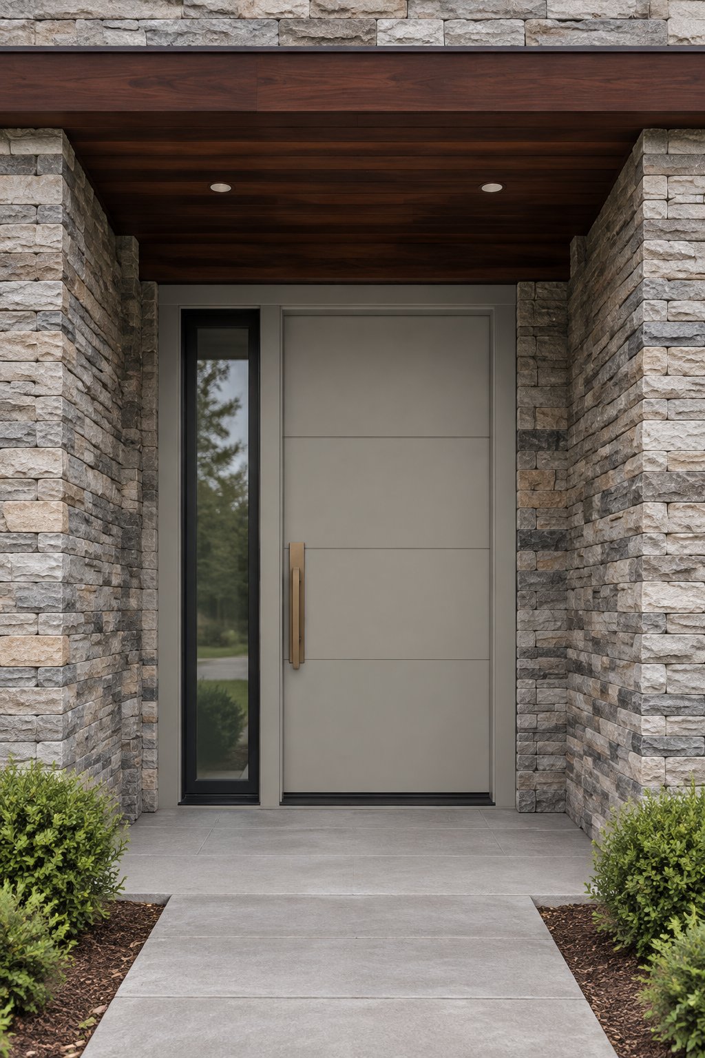 A contemporary entryway with a grey front door, stacked stone pillars, and a wooden overhang.