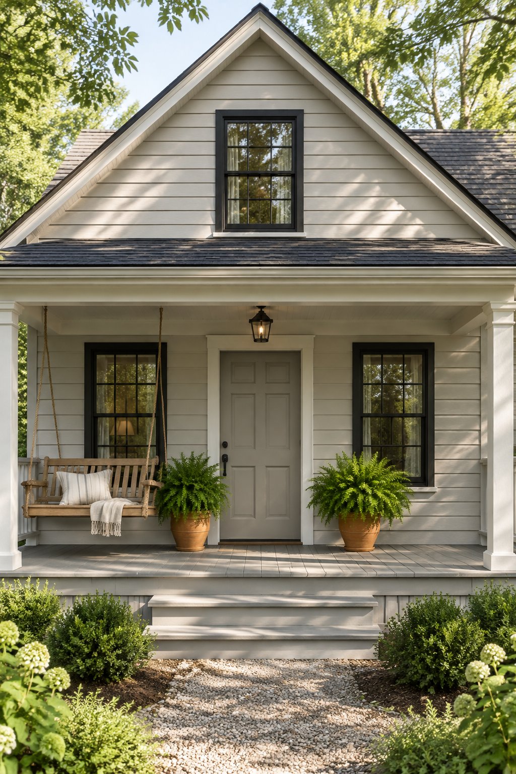 A grey cottage with black-framed windows, a warm grey front door, a porch swing, and potted ferns.