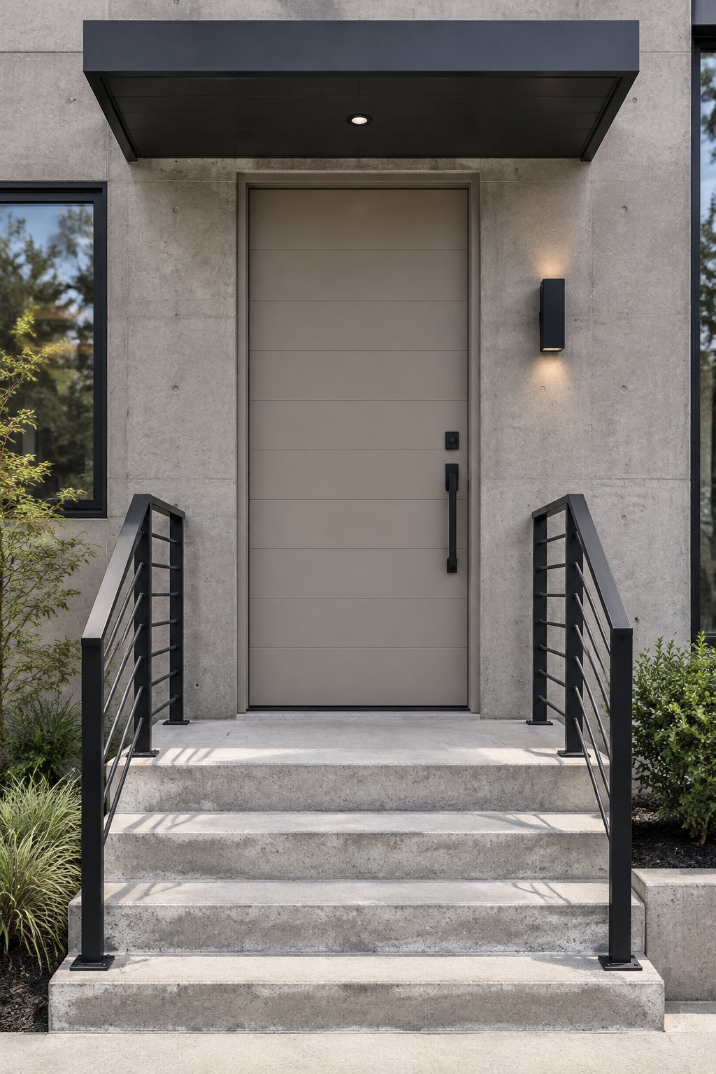 An exterior entryway with a grey front door, concrete walls and steps, and black railings.