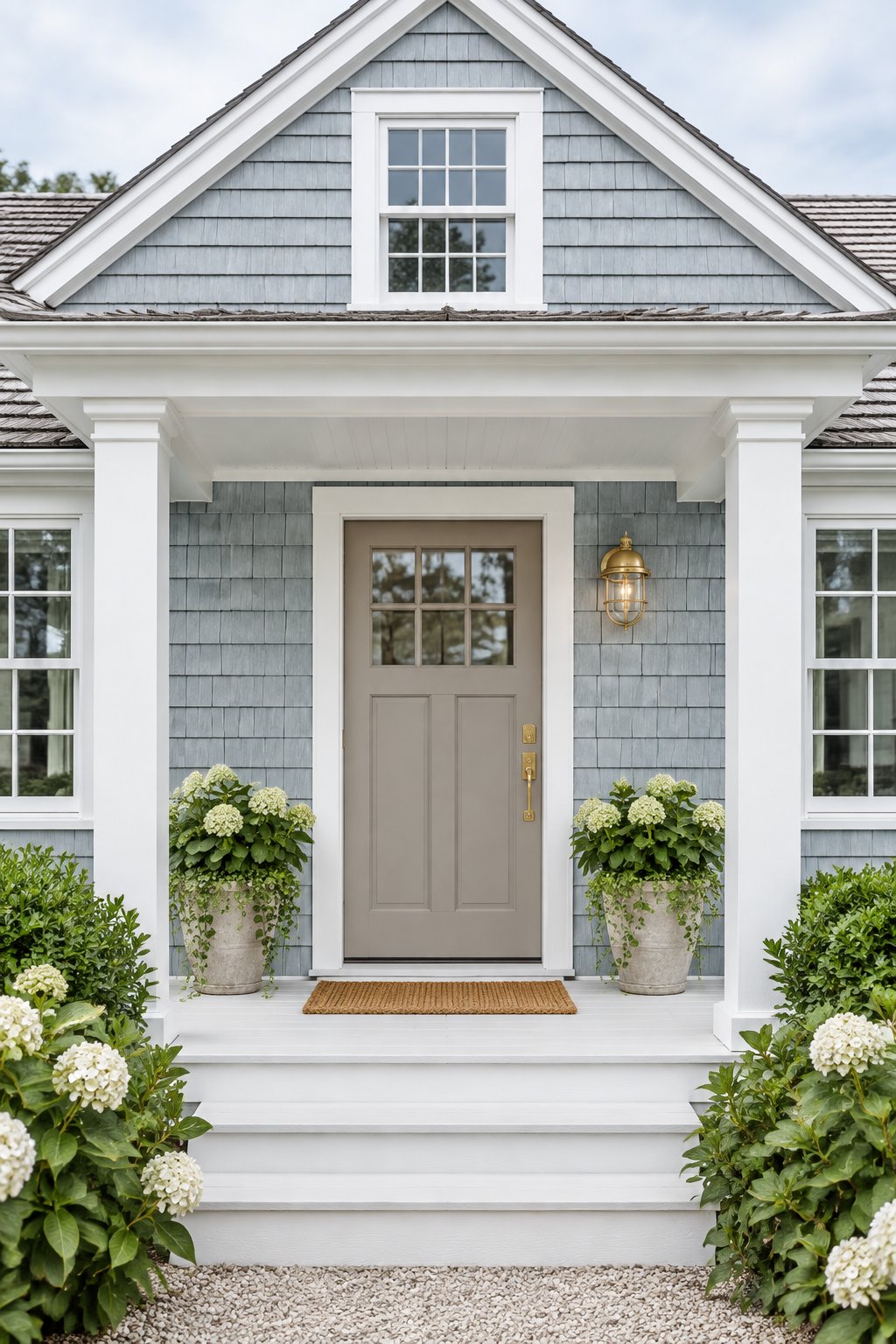 A coastal home entrance with grey-blue siding, a warm grey front door, a brass light, and a woven doormat.
