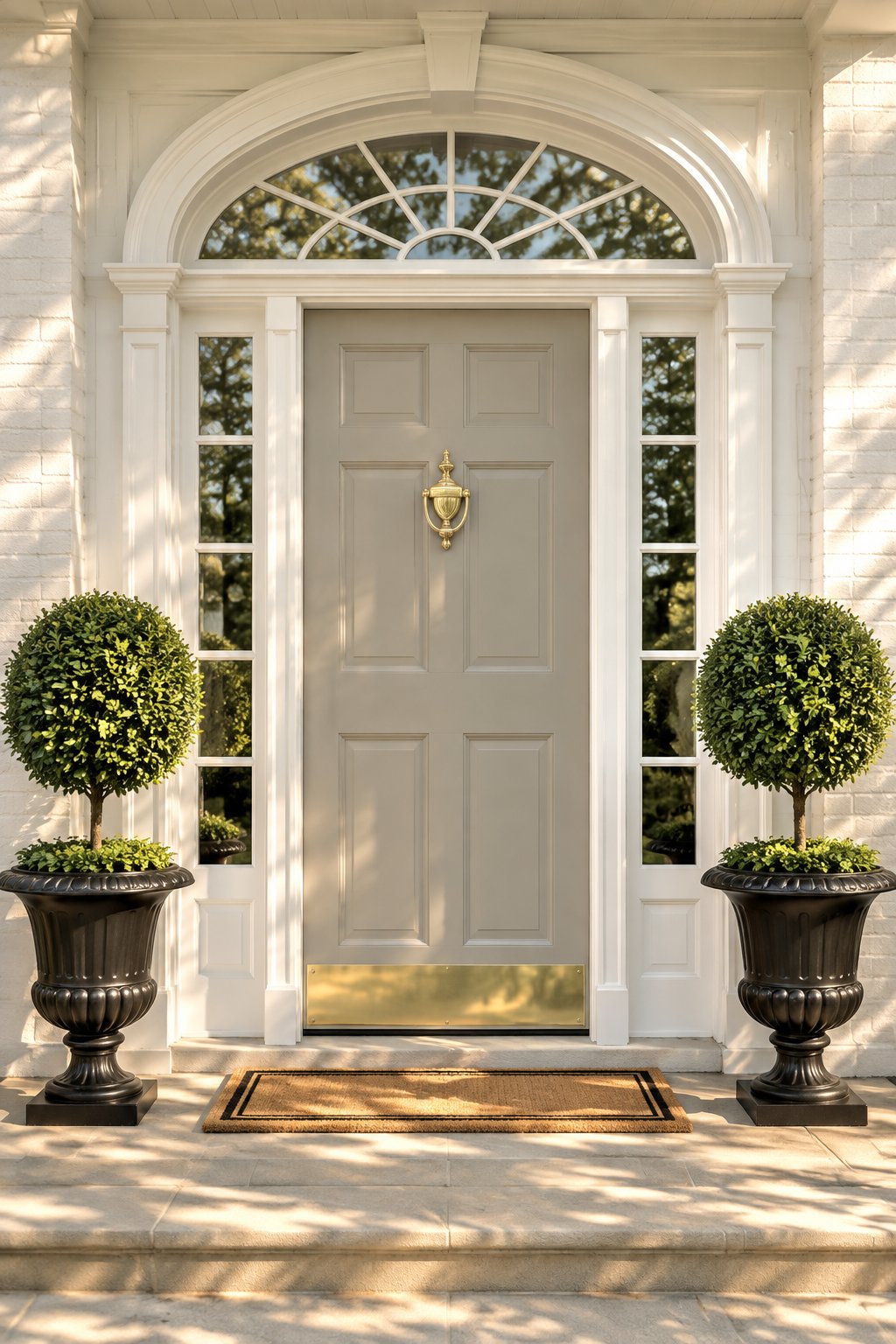 A symmetrical front entrance with a grey door, white trim, brass hardware, and matching topiary planters.
