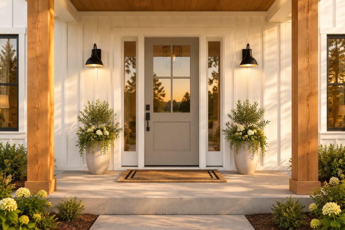A modern farmhouse porch with a grey front door, white siding, cedar posts, black lights, and a doormat.