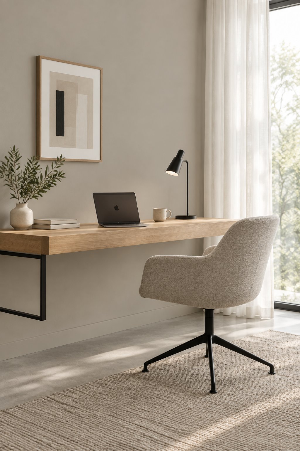 A modern home office with a light wood desk, laptop, mug, task lamp, gray concrete floor, rug, and a bright curtained window.