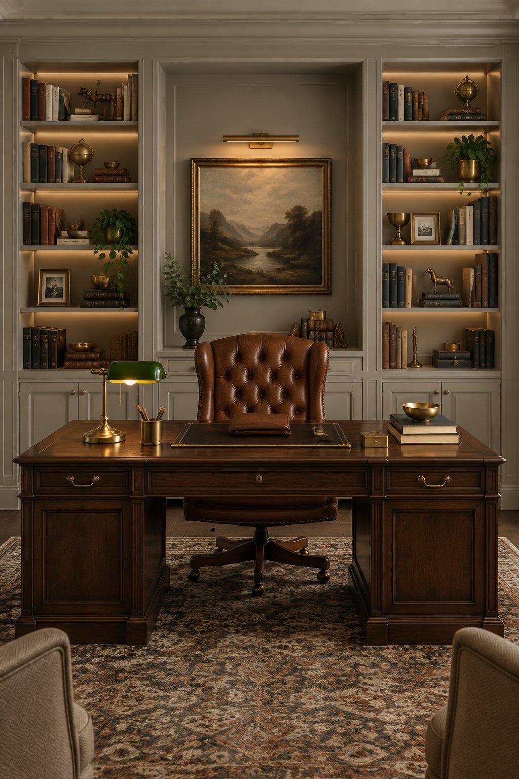 A refined home office with built-in bookshelves, a central wooden desk, a leather chair, books, and warm lighting.