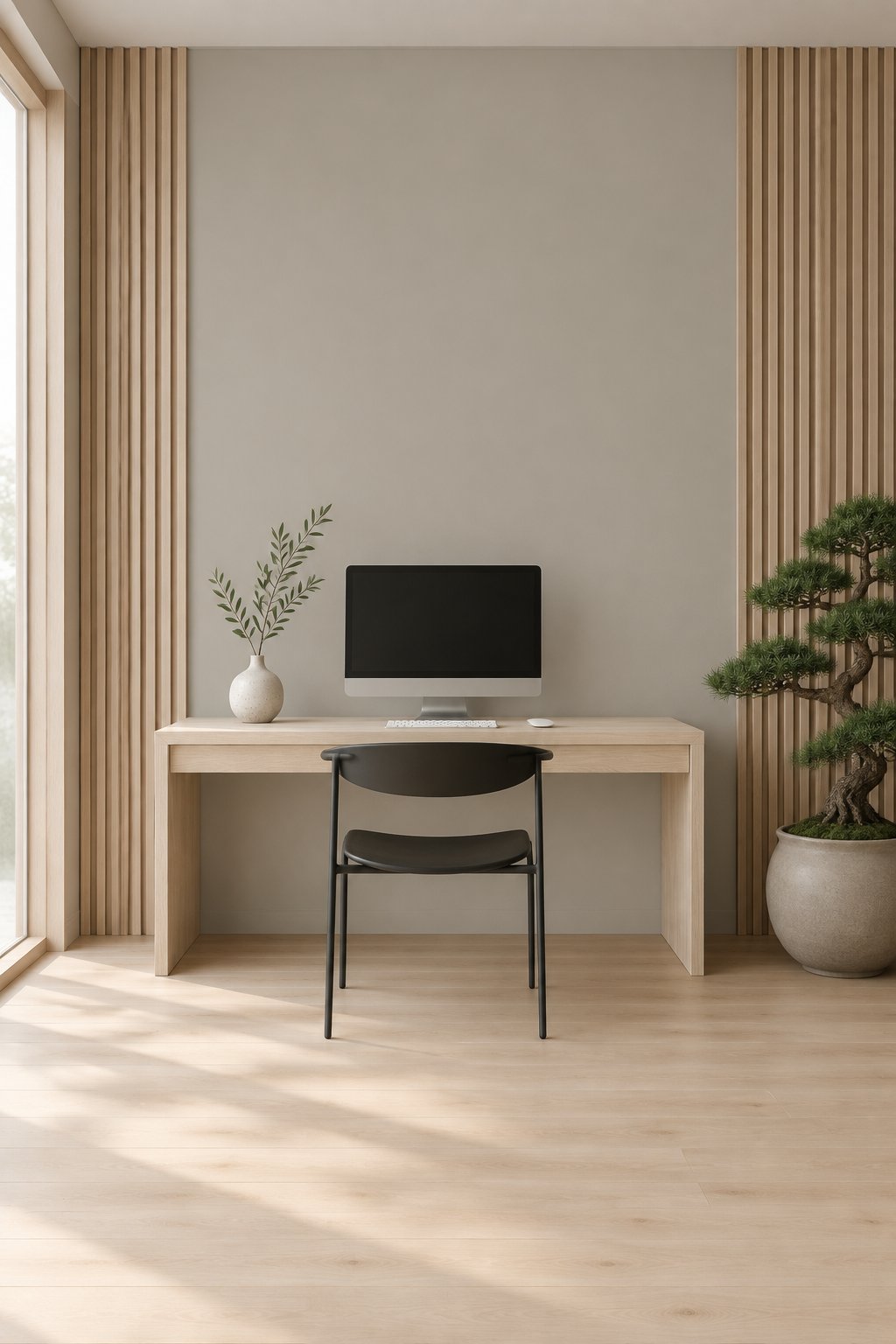 A calm home office with a light wood desk, computer monitor, black chair, bonsai tree, and wood-paneled wall.