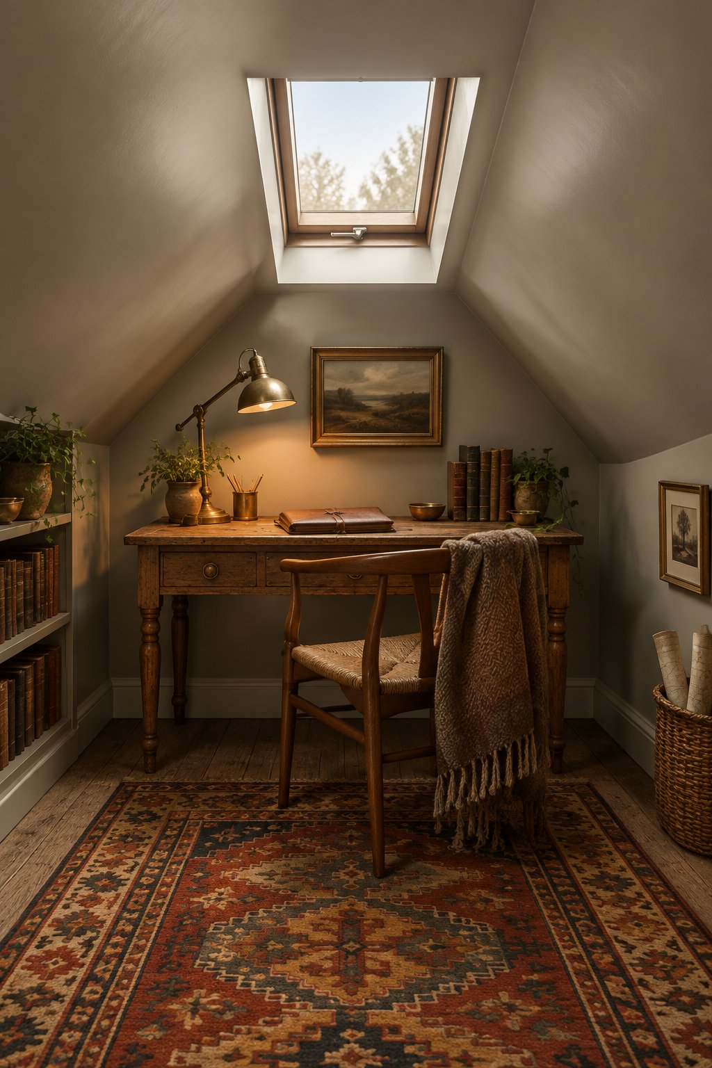 A cozy attic office nook with a wood desk beneath a skylight, a colorful rug, and sloped walls.