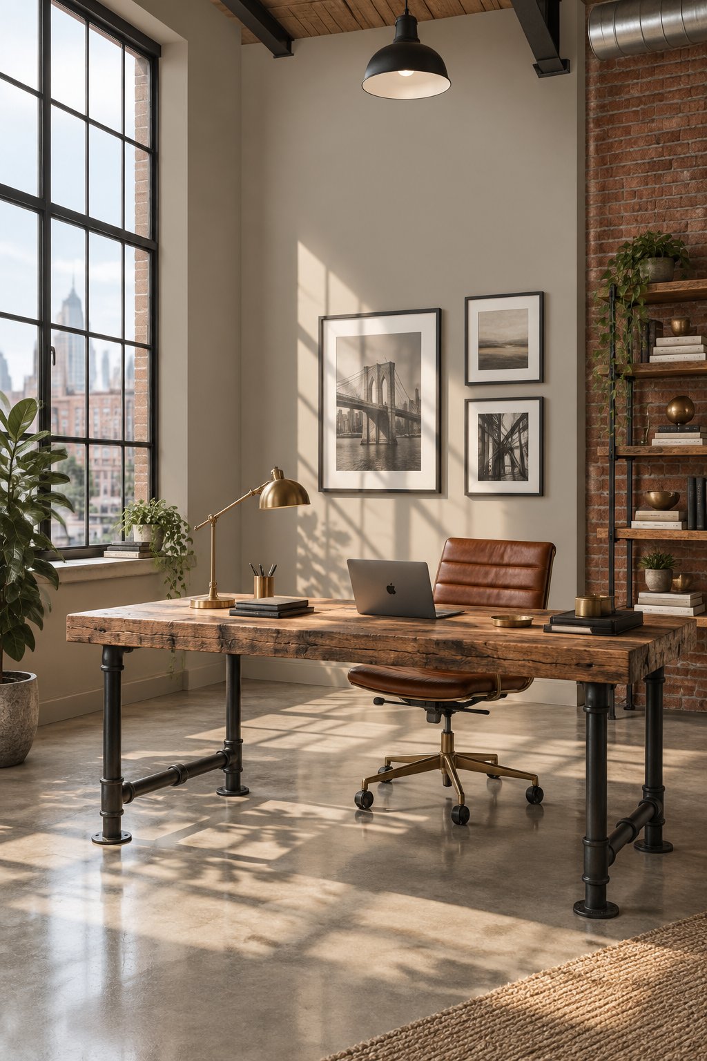 A loft-style home office with large windows, a timber desk, a chair, and a brick wall.
