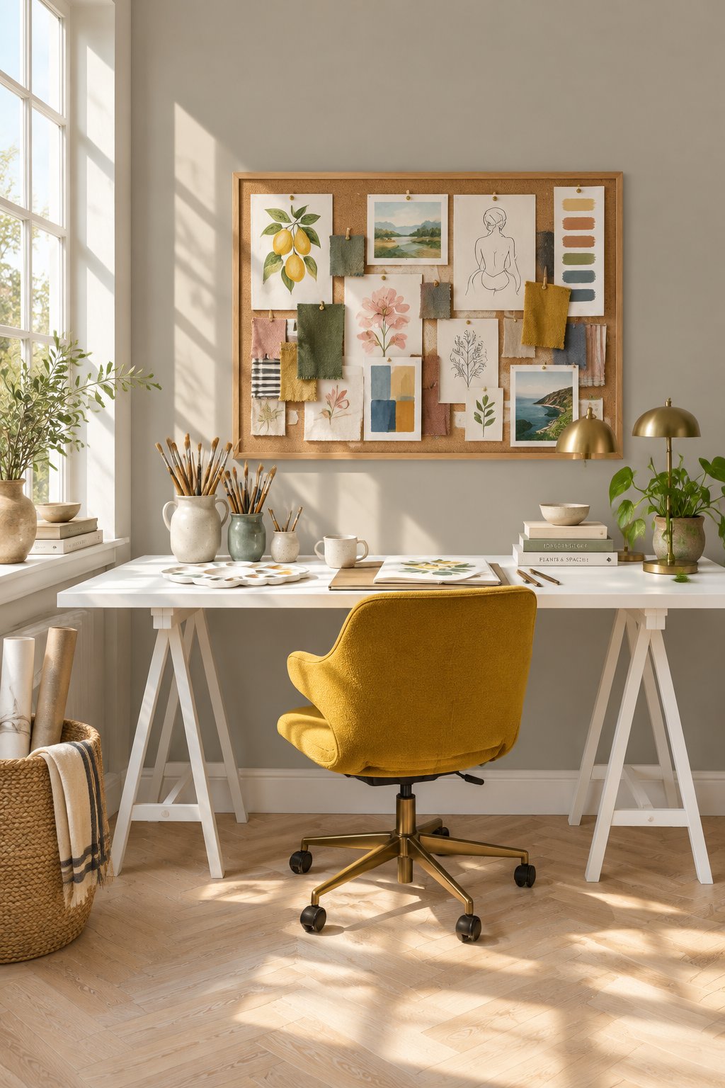 A bright home studio with a work desk, mustard chair, art board, paintbrushes, and sunlight through a window.