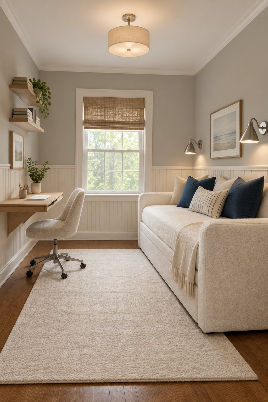 A welcoming guest bedroom with a daybed, wall-mounted desk, beadboard walls, hardwood floors, and a cream rug.
