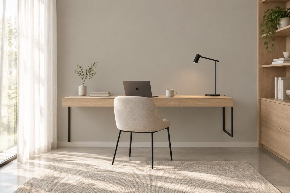 A bright modern home office with a light wood desk, laptop, mug, task lamp, concrete floor, rug, and a large curtained window.