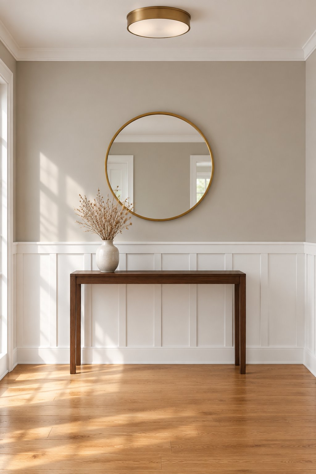 A bright foyer with neutral walls, white wainscoting, wood flooring, a console table, mirror, vase, and ceiling light.