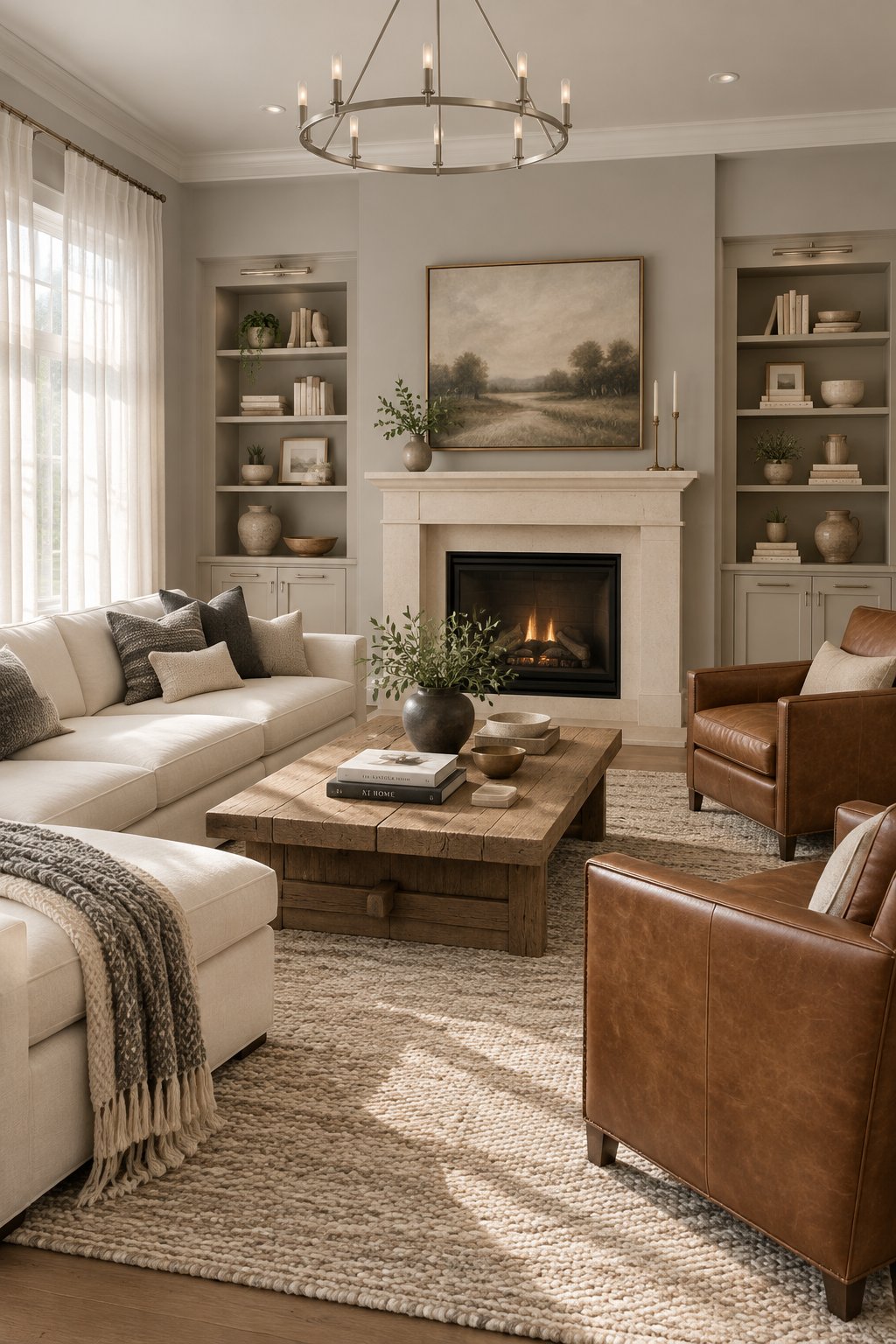 An open-concept living room with a sectional sofa, coffee table, leather chairs, built-in shelves, and large draped windows.