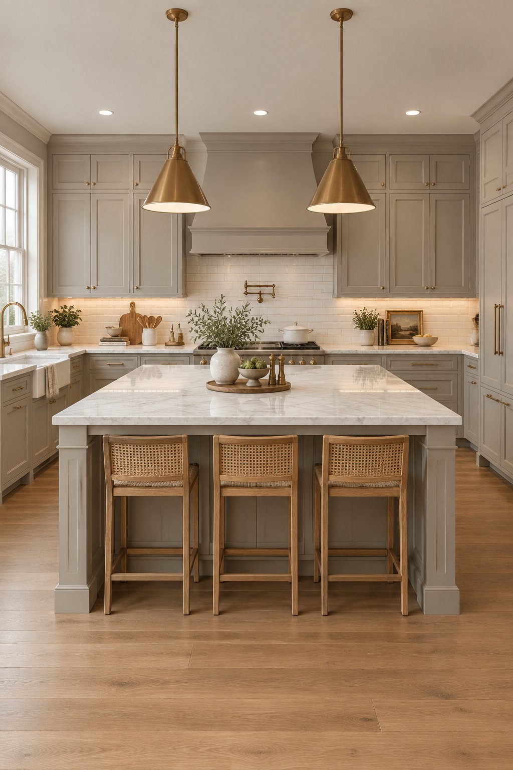 A transitional kitchen with gray cabinets, a central island, white countertops, a tiled backsplash, brass hardware, and barstools.