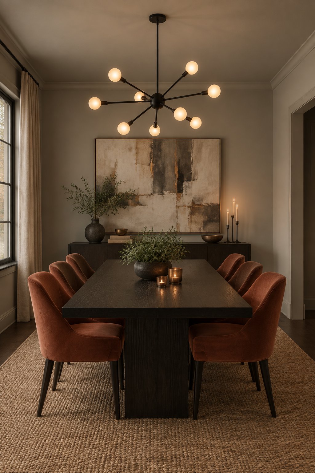 An intimate dining room with a dark wood table, rust-colored chairs, a black chandelier, and abstract artwork on a gray wall.