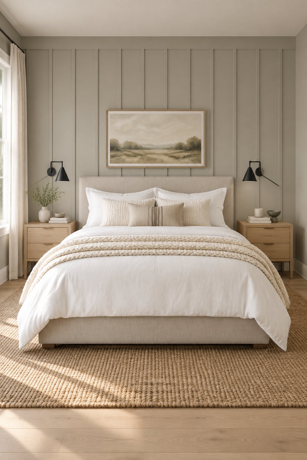 A calm bedroom with a bed, bedside tables, wall sconces, a textured rug, and light wood flooring.