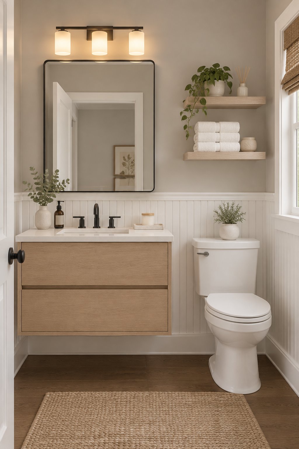 A serene bathroom with warm gray upper walls, white beadboard paneling, a light wood vanity, black fixtures, white towels, and a mirror light.