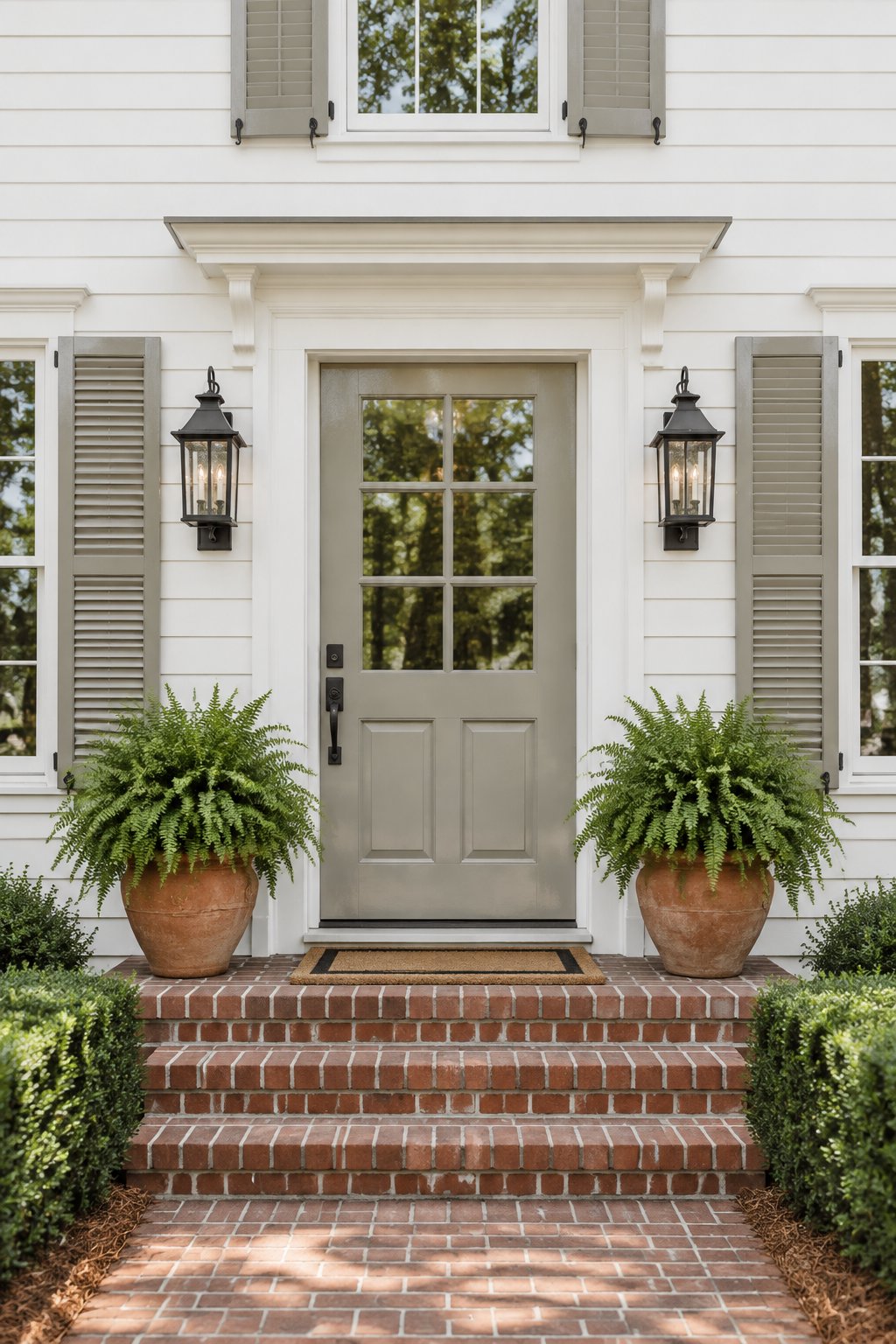 A charming home entrance with a gray-beige front door, red brick steps, black lanterns, and fern-filled terracotta planters.