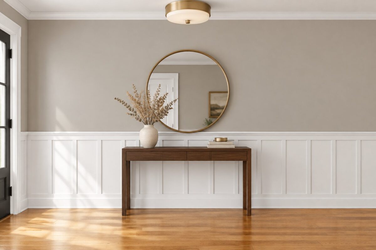 Bright foyer with warm wood flooring, paneled white walls, a dark console table, a round mirror, and a vase of dried stems.