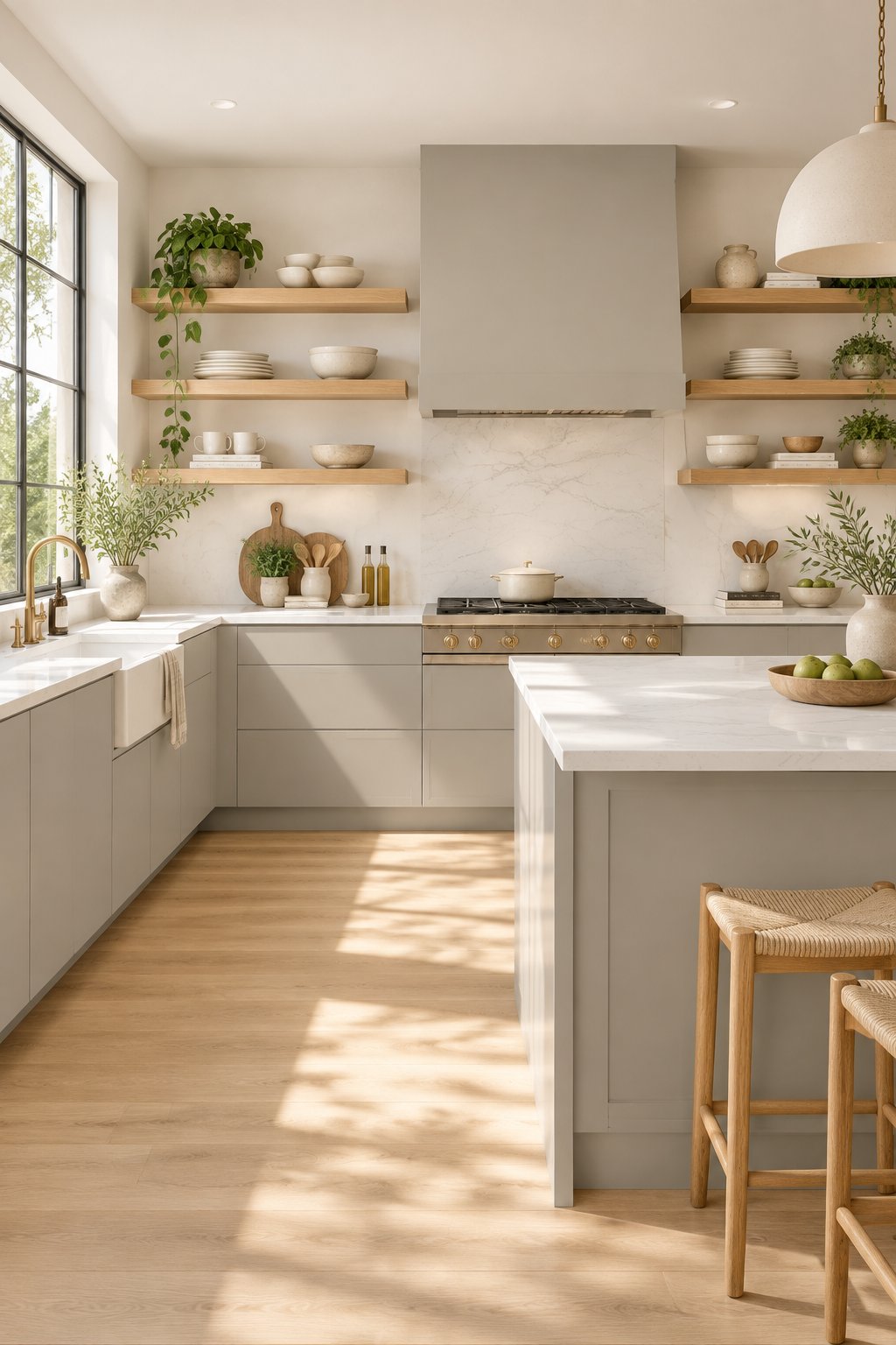 A bright kitchen with warm gray cabinets, wood shelves, white countertops, and sunlight through a window.