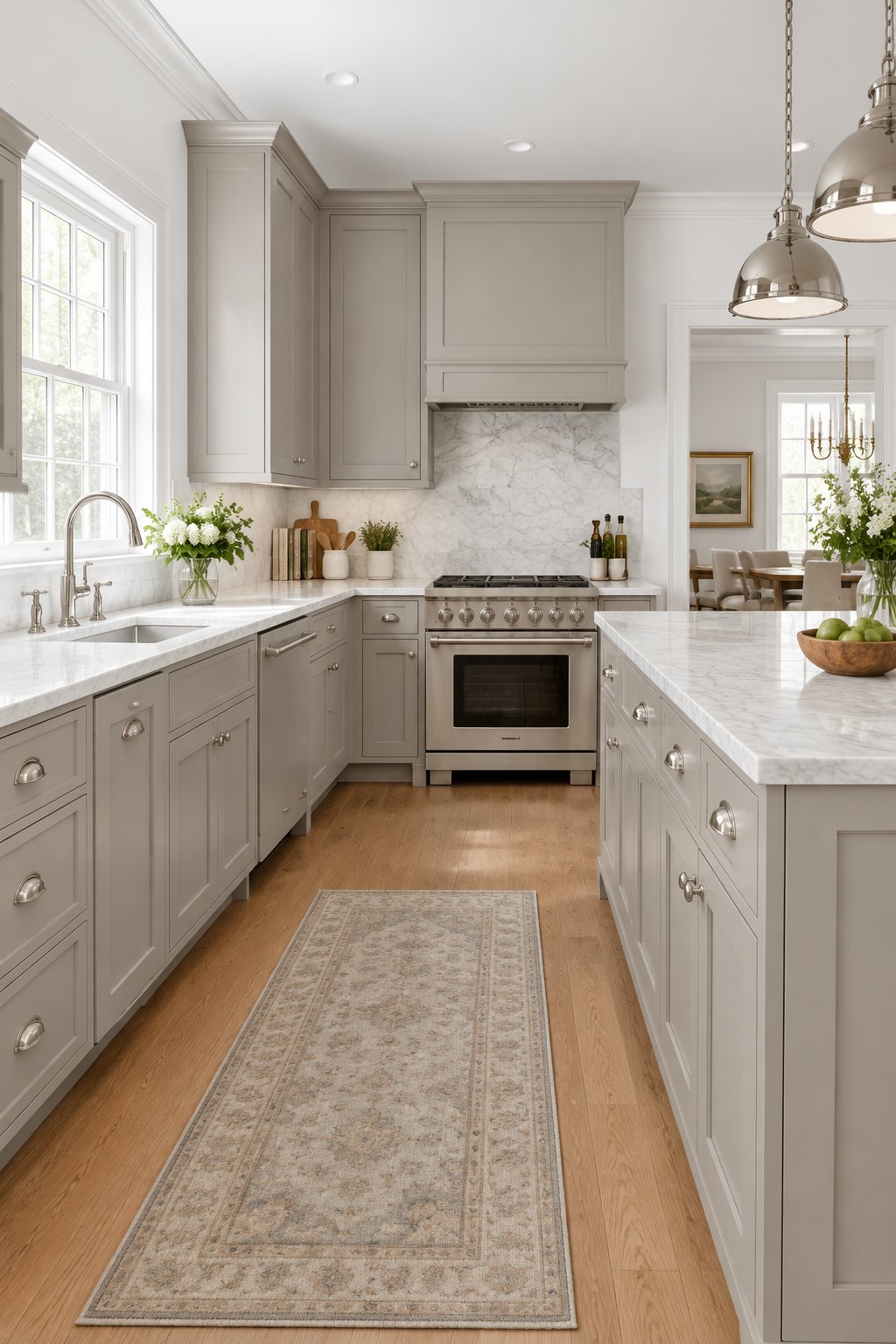 A bright kitchen with grey cabinets, white walls, marble countertops, and a polished metal faucet.