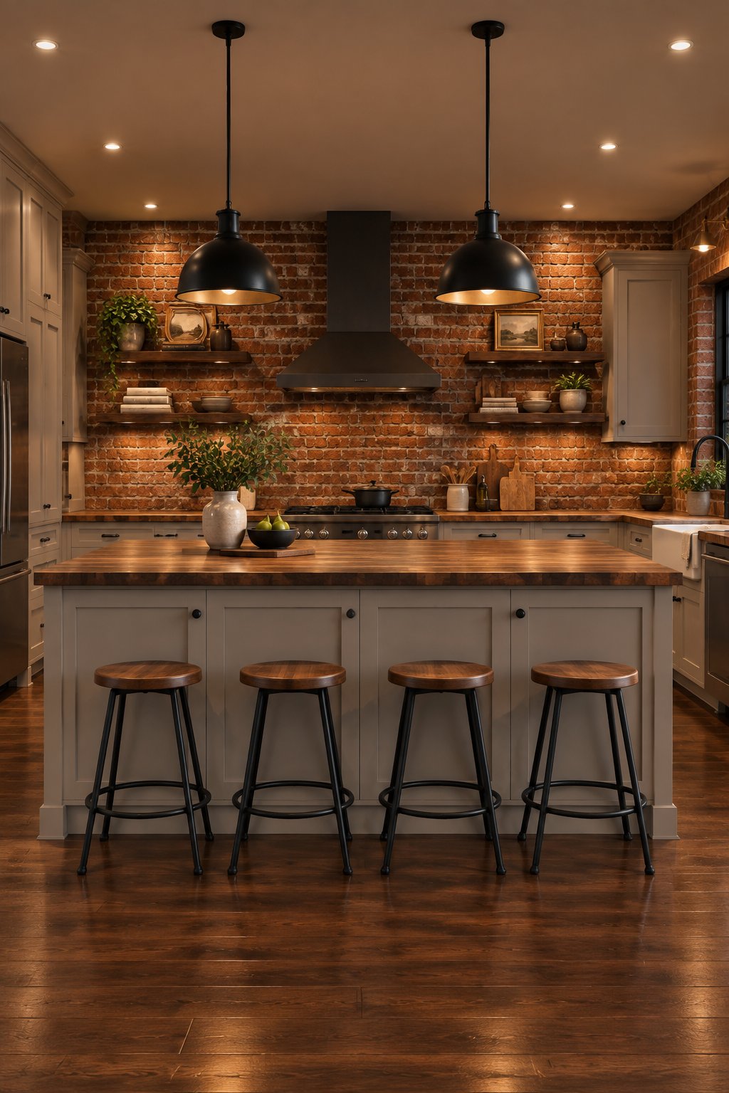 An industrial kitchen with gray cabinets, a large island, wood countertops, a brick wall, and pendant lights.